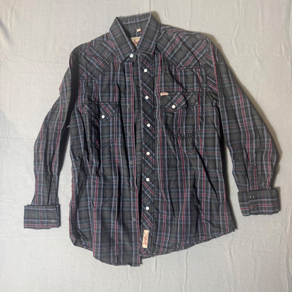 Rafter C Cowboy Collection Mens Small Grey Blue Red Plaid Western Snap Shirt‎
